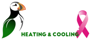 Puffin Mechanical official logo with a pink ribbon for breast cancer awareness month