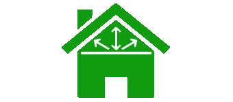 Green icon of a house with white arrows in the attic showing air leakage