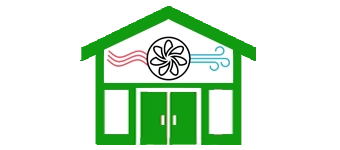 Green icon of a building with the symbols for heating in red and cooling in blue