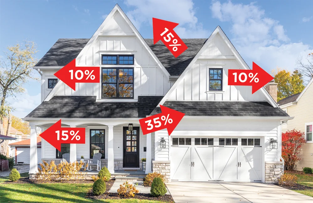 A white house with a black roof that has red arrow with percentages showing air leakage from a home performance test